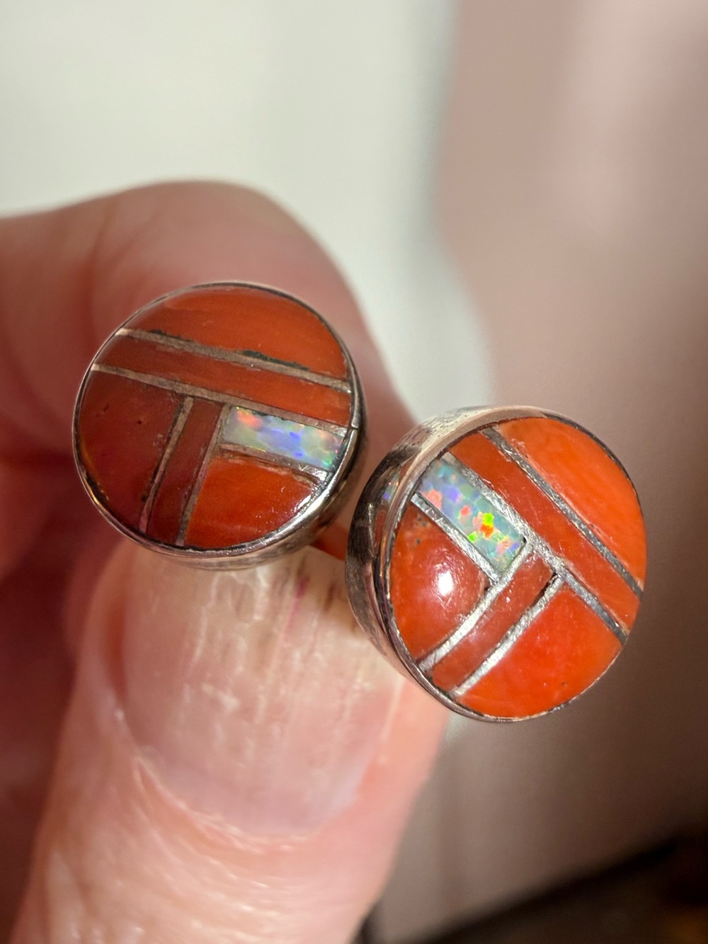 Native American Zuni ES red coral Opal Mosaic sterling silver Post earrings
